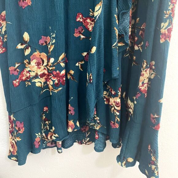 Xhilaration | Teal Floral Maxi Dress Flutter Sleeves Faux Wrap - Picture 8 of 9